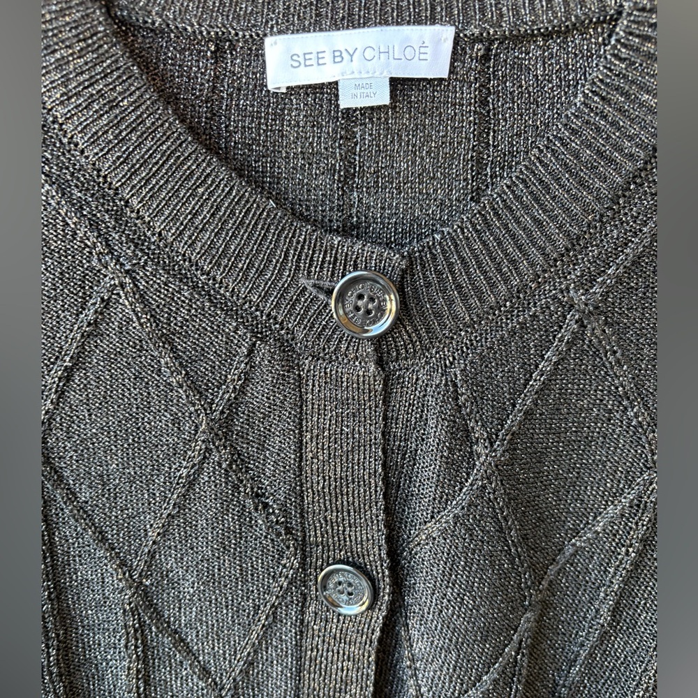 See by Chloe Black Metallic Argyle Cardigan Sweater Size 6 - Picture 6 of 15